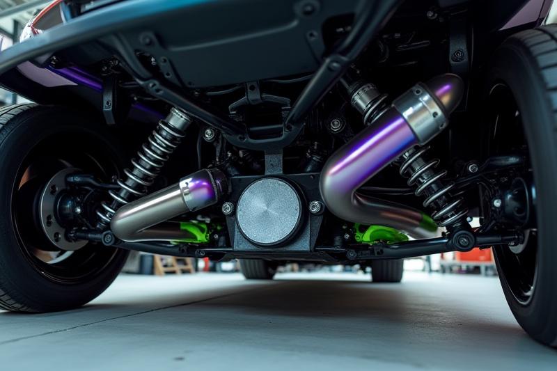 Detalle de un sistema de suspensión de alto rendimiento y escape de titanio en un coche deportivo